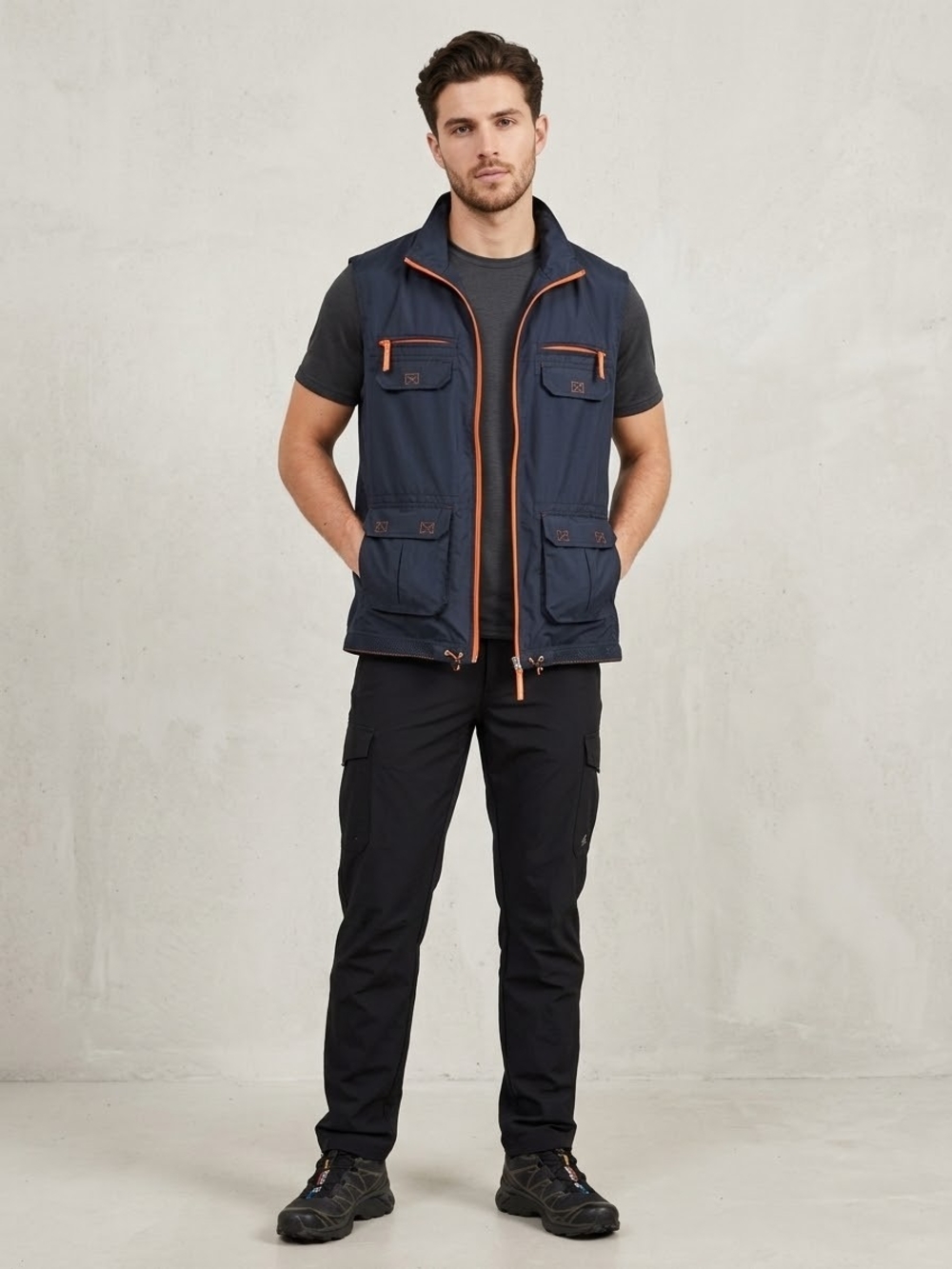 Firefly Mens Large Utility Fishing Vest Dark Navy Blue Orange Trim Pockets Zip
